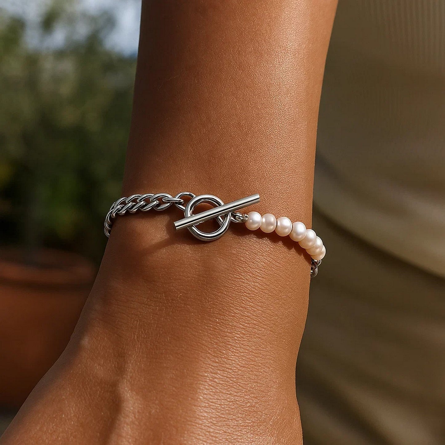 Sterling Silver Rhodium Plated Pearl Pearl Curb Toggle Bracelet (4.50 mm)