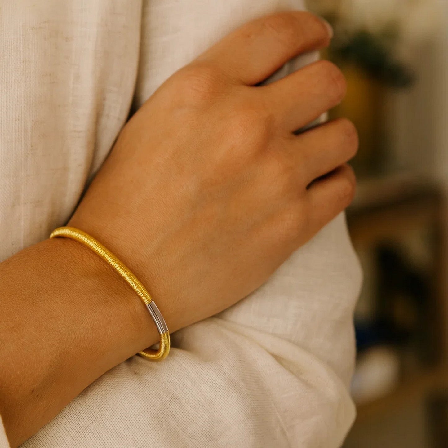 Sterling Silver Gold Plated Basketweave Stretch Bangle