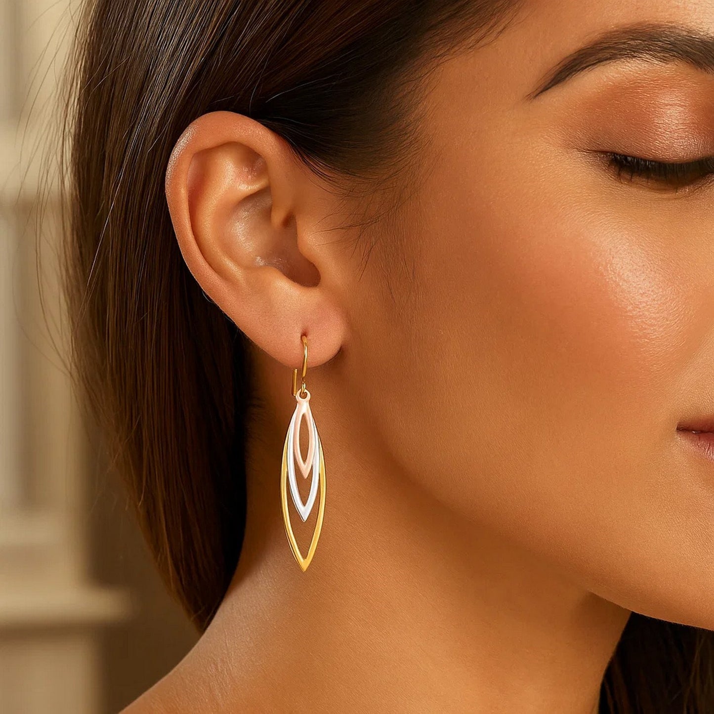 Tri-Tone Graduated Open Marquise Earrings in 10k Yellow, White, and Rose Gold