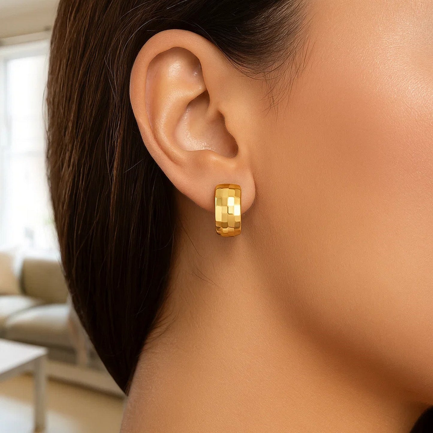 14K Yellow Gold Checkerboard Patterned Hoop Earrings