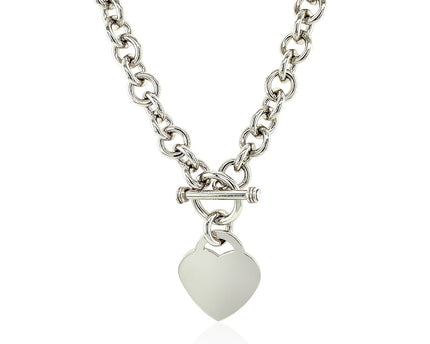 Sterling Silver Rolo Chain  with a Heart Toggle Charm and Rhodium Plating