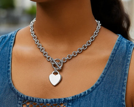Sterling Silver Rolo Chain  with a Heart Toggle Charm and Rhodium Plating