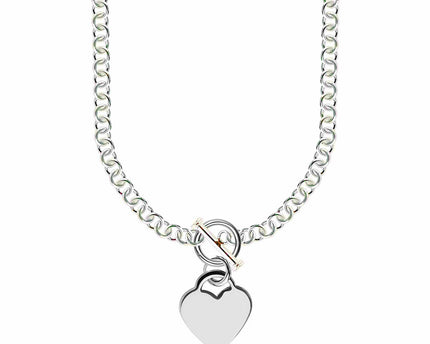 Sterling Silver Rhodium Plated Rolo Chain Necklace with a Heart Toggle Charm