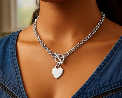 Sterling Silver Rhodium Plated Rolo Chain Necklace with a Heart Toggle Charm