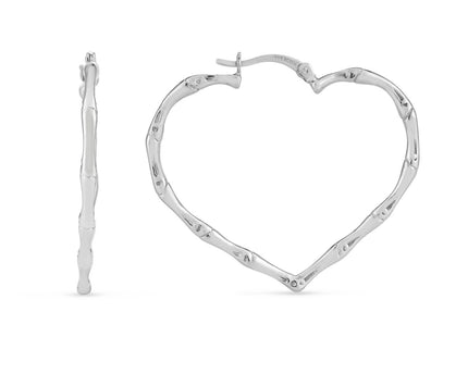 Sterling Silver Rhodium Plated Heart Bamboo Hoop Earrings