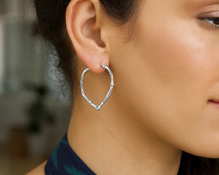 Sterling Silver Rhodium Plated Heart Bamboo Hoop Earrings
