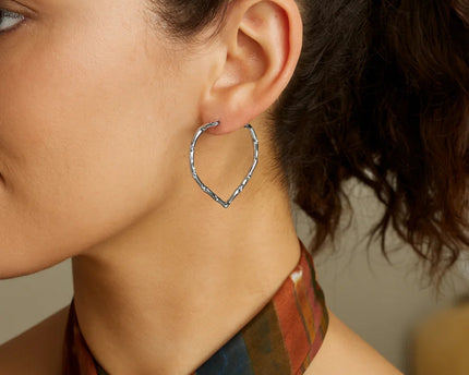Sterling Silver Rhodium Plated Heart Bamboo Hoop Earrings