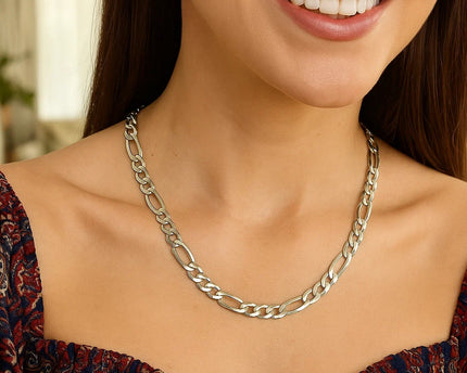 Rhodium Plated Sterling Silver Figaro Style Chain (8.10 mm)