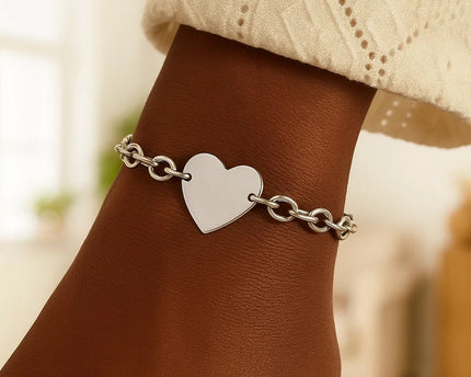 Sterling Silver Rhodium Plated Chain Bracelet with a Flat Heart Station(5.00 mm)