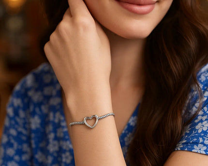Sterling Silver Rhodium Plated Heart Bead Friendship Bracelet