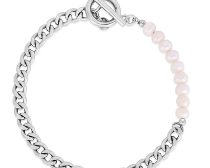 Sterling Silver Rhodium Plated Pearl Pearl Curb Toggle Bracelet (4.50 mm)