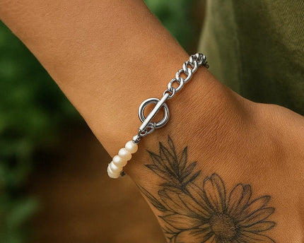 Sterling Silver Rhodium Plated Pearl Pearl Curb Toggle Bracelet (4.50 mm)