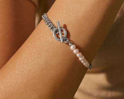 Sterling Silver Rhodium Plated Pearl Pearl Curb Toggle Bracelet (4.50 mm)