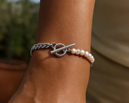 Sterling Silver Rhodium Plated Pearl Pearl Curb Toggle Bracelet (4.50 mm)