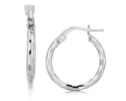 Sterling Silver Rhodium Plated Diamond Cut Small Hoop Earrings (2x15mm)