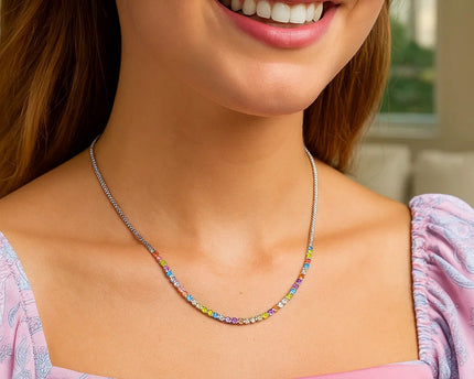 Sterling Silver Rhodium Plated Rainbow CZ Necklace