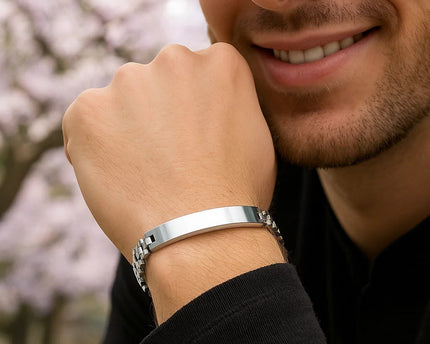 Sterling Silver Rhodium Plated Railroad Chain ID Bracelet