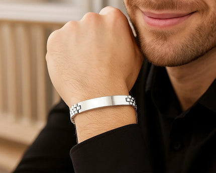 Sterling Silver Rhodium Plated Railroad Chain ID Bracelet