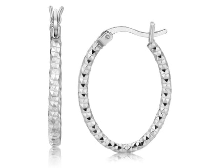 Sterling Silver Hoop Diamond Cut Texture Earrings with Rhodium Plating(2x15mm)