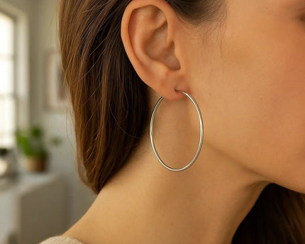 Rhodium Plated Hoop Earrings in Sterling Silver (2x50mm)