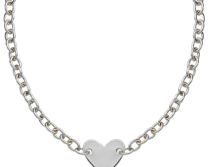 Sterling Silver Rhodium Plated Chain Bracelet with a Flat Heart Motif Station