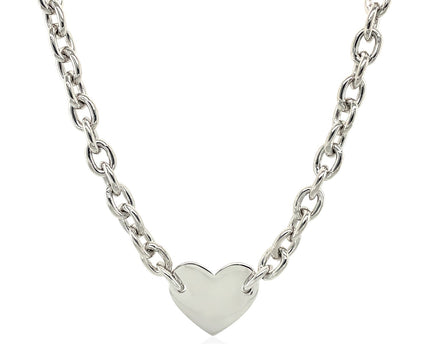 Sterling Silver Rhodium Plated Chain Bracelet with a Flat Heart Motif Station