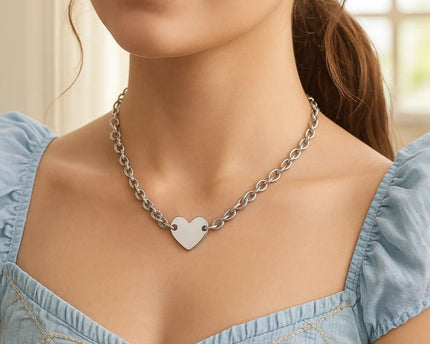 Sterling Silver Rhodium Plated Chain Bracelet with a Flat Heart Motif Station
