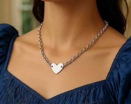 Sterling Silver Rhodium Plated Chain Bracelet with a Flat Heart Motif Station