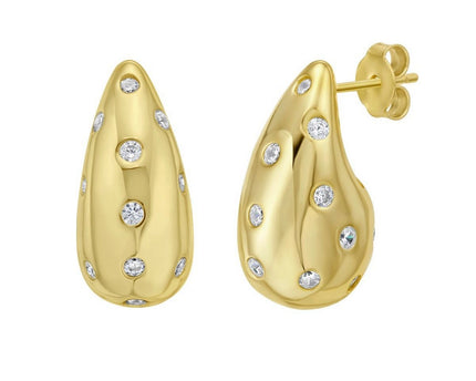 Sterling Silver Yellow Gold Plated Puffed Raindrop CZ Earrings