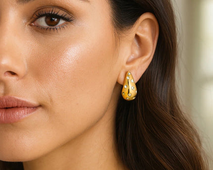 Sterling Silver Yellow Gold Plated Puffed Raindrop CZ Earrings