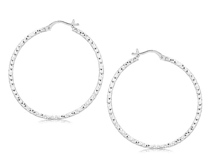 Sterling Silver Rhodium Plated Large Faceted Style Hoop Earrings(2x40mm)