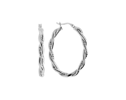 Sterling Silver Oval Hoop Braided Diamond Cut Earrings(4x22mm)