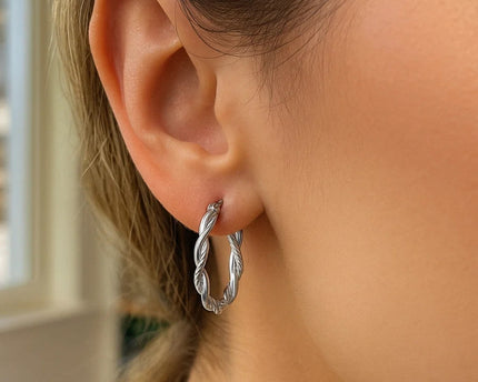 Sterling Silver Oval Hoop Braided Diamond Cut Earrings(4x22mm)