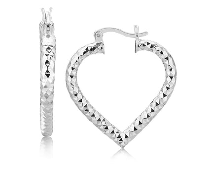 Sterling Silver Rhodium Plated Heart Style Hoop Diamond Cut Earrings(3x22mm)