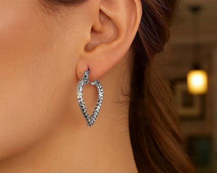 Sterling Silver Rhodium Plated Heart Style Hoop Diamond Cut Earrings(3x22mm)
