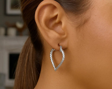 Sterling Silver Rhodium Plated Heart Style Hoop Diamond Cut Earrings(3x22mm)