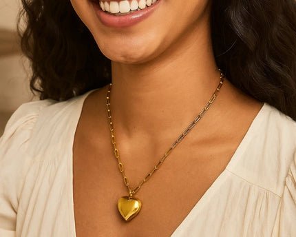 Sterling Silver Gold Plated Large Puffed Heart Long Necklace