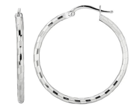 Sterling Silver Hoop Design Diamond Cut Earrings with Rhodium Plating (2x26mm)