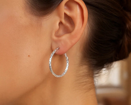 Sterling Silver Hoop Design Diamond Cut Earrings with Rhodium Plating (2x26mm)