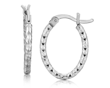 Sterling Silver Rhodium Plated Oval Hoop Diamond Cut Textured Earrings(2x10mm)