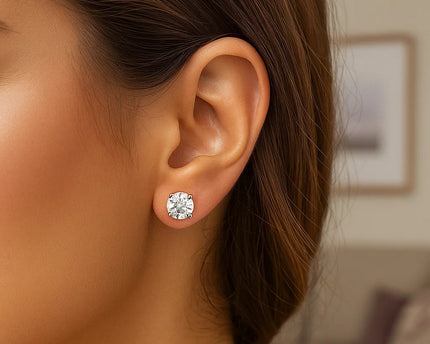 Sterling Silver Stud Earrings with White Hue Faceted Cubic Zirconia(6mm)