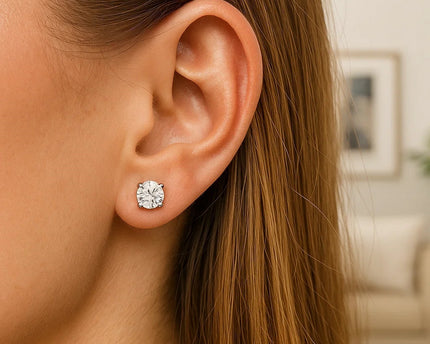 Sterling Silver Stud Earrings with White Hue Faceted Cubic Zirconia(6mm)