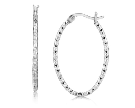 Sterling Silver Rhodium Plated Textured Diamond Cut Hoop Earrings(2x25mm)