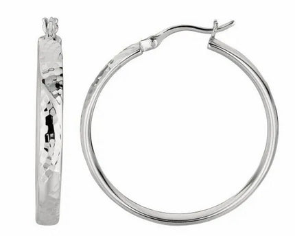 Sterling Silver Hammered Style Hoop Earrings with Rhodium Plating (4x30mm)