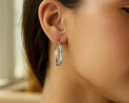 Sterling Silver Hammered Style Hoop Earrings with Rhodium Plating (4x30mm)