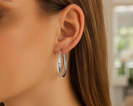 Sterling Silver Hammered Style Hoop Earrings with Rhodium Plating (4x30mm)