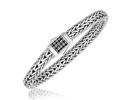 Sterling Silver Braided Style Mens Bracelet with Black Sapphire Accents(1.70 mm)