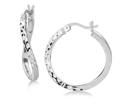 Sterling Silver Rhodium Plated Twist Style Hoop Diamond Cut Earrings (2x20mm)
