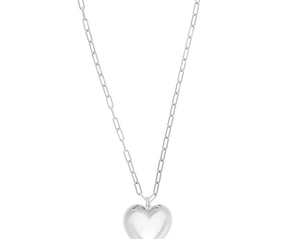 Sterling Silver Rhodium Plated Large Puffed Heart Long Necklace