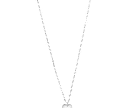 Sterling Silver Rhodium Plated Large Puffed Heart Long Necklace